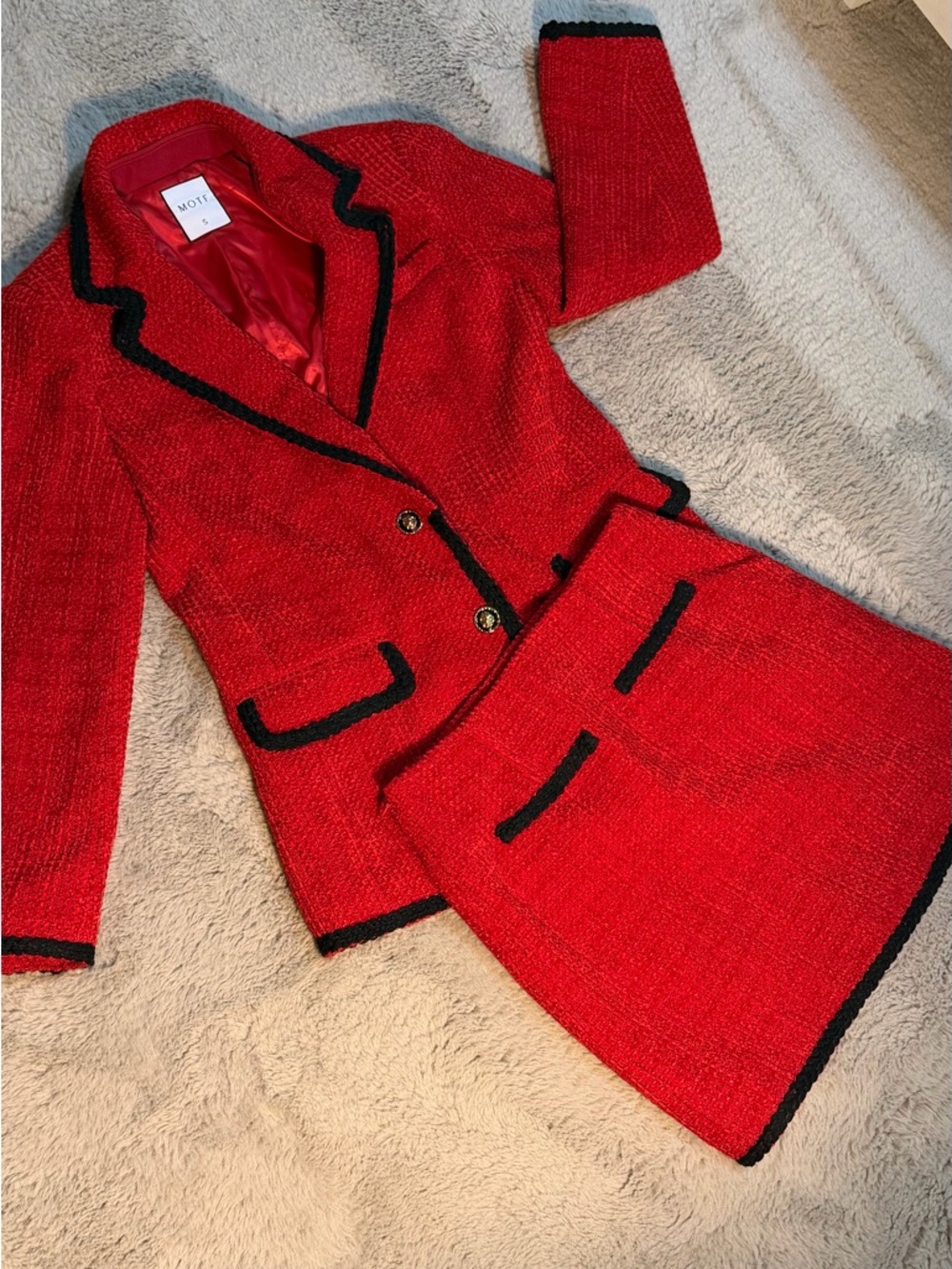 MOTF Red Tweed Blazer and Skirt Set with Black Trim